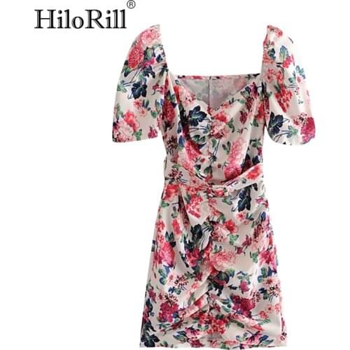 HiloRill Women Floral Print Mini Dress Sexy Bodycon Beach Dress With Belt Puff Short Sleeve Chic Dress Summer Vestido De Festa