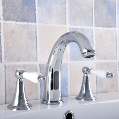 Polished Chrome Basin Faucet Widespread 2-Handle Bathroom Widespread Vanity Sink Faucet 3 Hole Hot Cold Water Mixer Tap