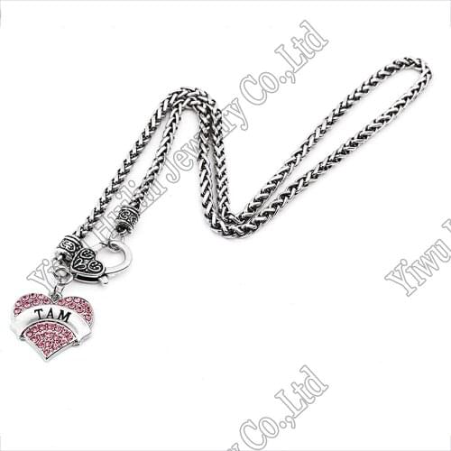Drop Shipping rhodium plated zinc studded with sparkling crystals TAM heart pendant wheat chain necklace