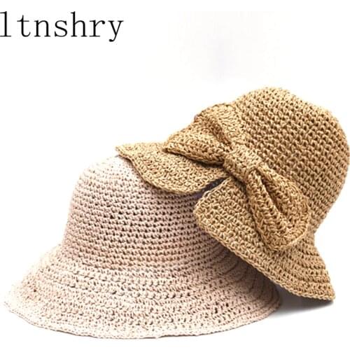 Womens Summer hat sun cap handmade straw shading hat for ladies bow foldable straw hat artistic Holiday Beach Hat Breathable