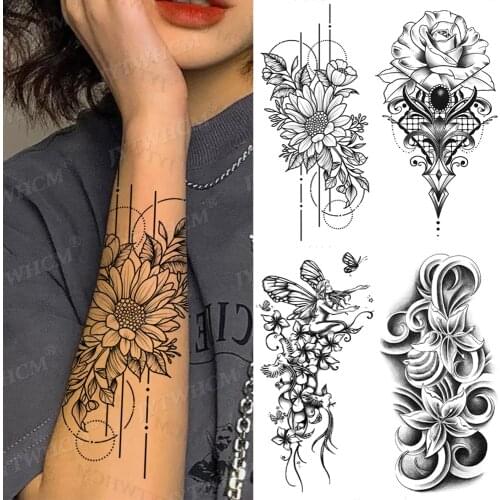 Lotus Temporary Tattoo Sticker Line Flash Tattoos Sketch Print Butterfly Flowers Waterproof Body Art Arm Fake Sleeve Tatoo Women