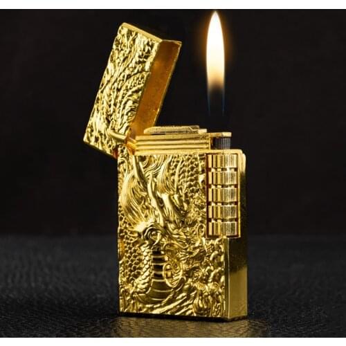 Ultra Thin Metal Vintage Embossed Lighter Grinding Gold Dragon Free Fire Wheel Turbo Flint Gas Lighter Butane Windproof Cigar Cigarette Lighters Smoking Accessories Gadgets For Men Creative Portable Outdoor