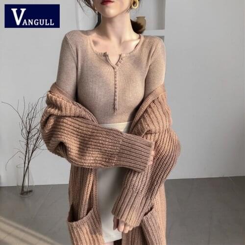 Vangull Solid Knitted Pullovers Women Autumn Winter Vintage V-neck Single-breasted Slim Soft Sweater Tops Female Basic Knitwear