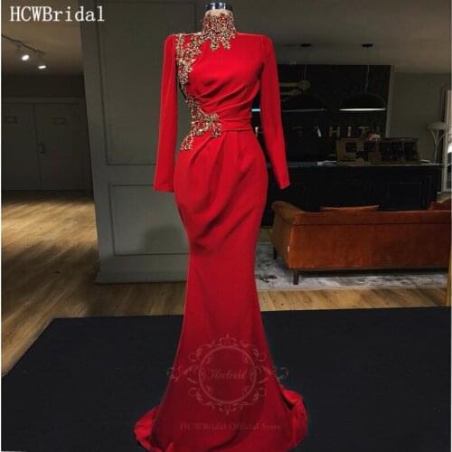 Elegant Red Mermaid Muslim Arabic Evening Dress High Neck Long Sleeves Golden Crystals Prom Party Dresses Customize Abendkleider