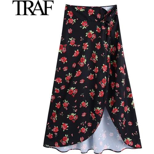 Traf Za Women Fashion Vintage Side Zipper Floral Skirts Summer 2021 Black Medieval Skirt High Waist Midi Skirt Mujer Faldas