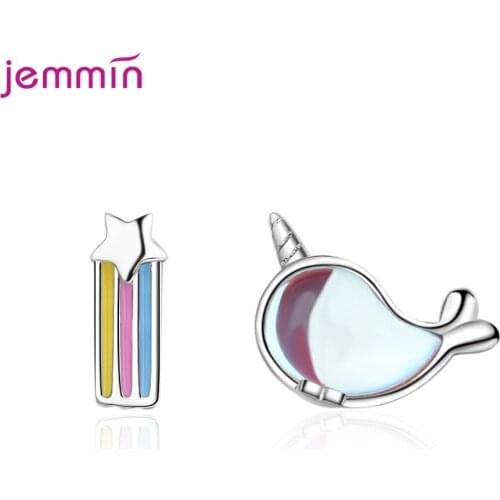 High Quality Women 925 Sterling Silver Stud Earrings Cute Marine Animal Whale Crystal Earring Asymmetric Rainbow Star Jewelry