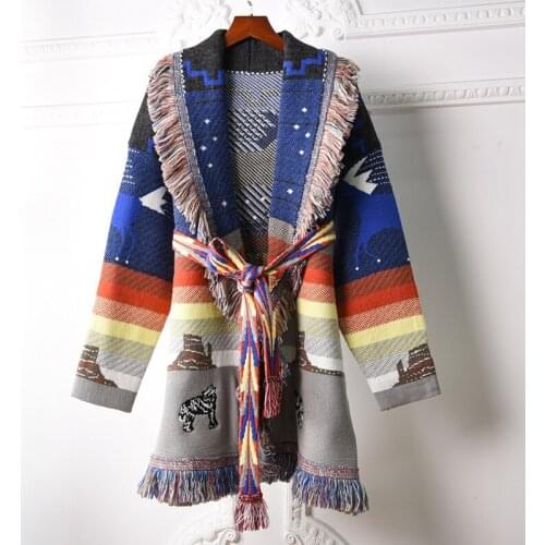 2021SS Spring Fashion Women Tassel Wool Long Cardigans Female Knitted Coat Ladies Embroidery Loose Cashmere Sweater