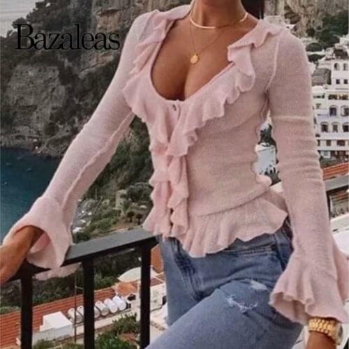 Bazaleas Retro Pink Ruffles Women Sweater V Neck Center buttons pull femme Cardigan Slim Thin Sweaters Knitted Kardigan