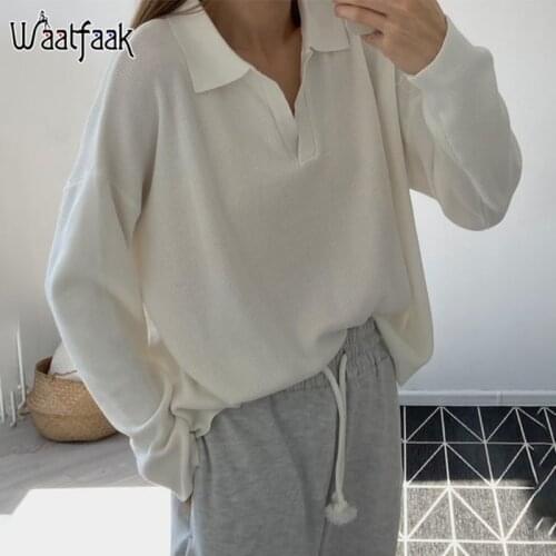 Waatfaak Leisure Minimalism Turn-down Collar Pullover Knitwear Vintage Sweater Kawaii Autumn Winter Korean Sweater Women Winter