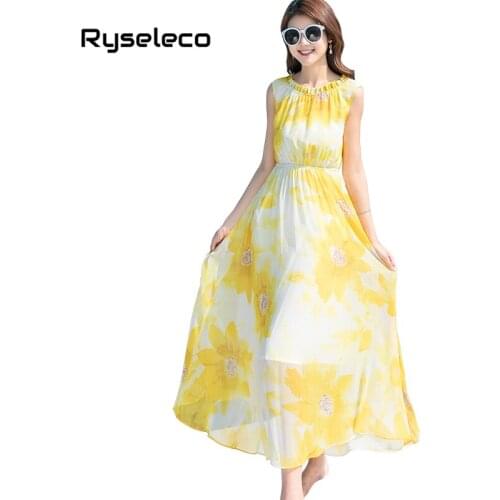 Ryseleco 2018 Summer Chiffon Prints Elastic Waist Long Dresses Boho Beach Sleeveless Casual Women Empire Holiday Tank Vestidos