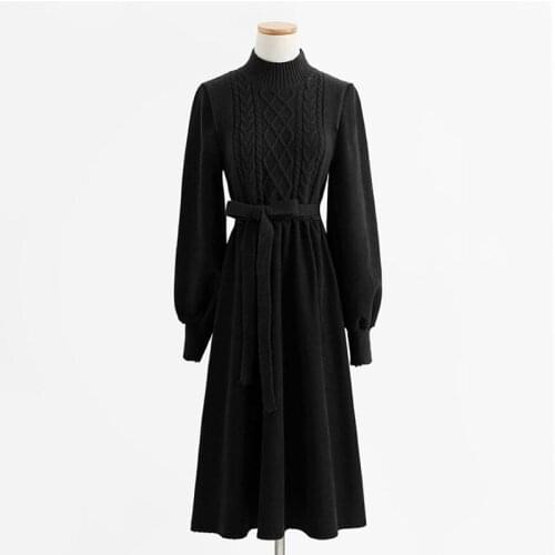 Vintage Half high collar Long Sleeve A-line Knitted Dress Women High Waist Patchwork Black Female Dress 2021 Autumn Vestidos