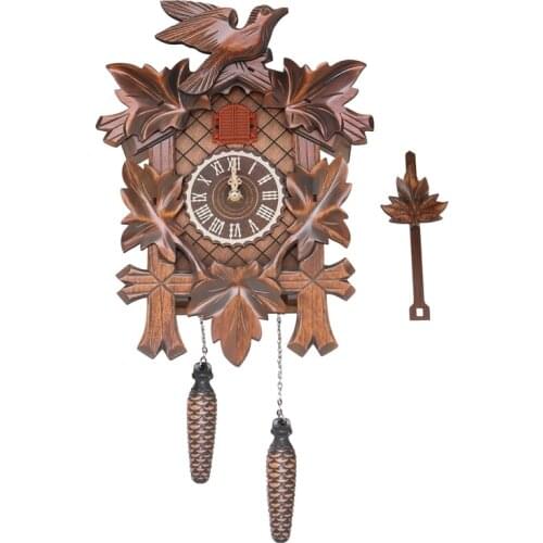 Hand-Carved Cuckoo Clock,with Maple Leave & One Bird Weight and Swinging Pendulum with Night Mode,Carved Wood Decoration