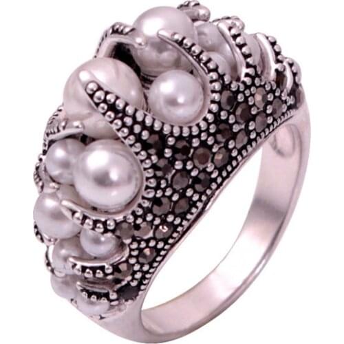 Womens Vintage Simulated-Pearl Ring Brand Size 7-9 New Elegant Black RhineStones Anel
