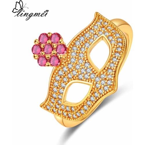 Lingmei Mask Shaped Unique Wedding Rings Zircon Silver Color Jewlery Yellow GoldRing Size 6 7 8 9 Flower Style