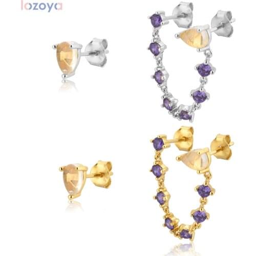 Lozoya 925 Sterling Silver Gold Punk Luxury Chain Purple Zircon Stud Earring 2020 Rock Fashion Jewelry Piercing Ohrringe