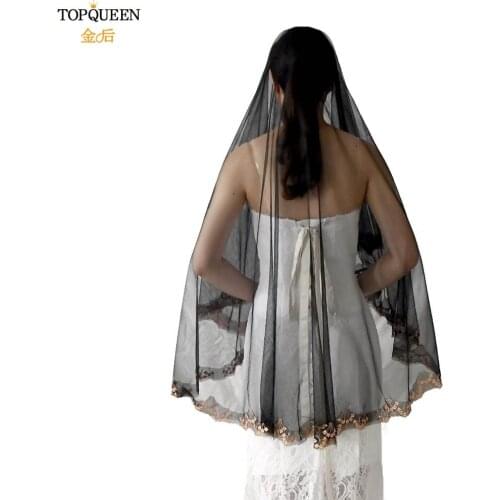 TOPQUEEN V57 Fashionable Short Bride Veil with Gold Embroidery Black Wedding Tulle with Appliqued Edge for Women