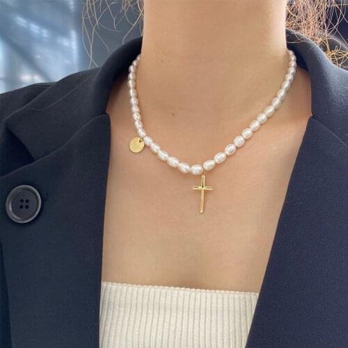 Fashion Stainless Steel Pearl Necklace for Women Cross Choker Necklaces Gothic Jewelry 2021 Dropshipping