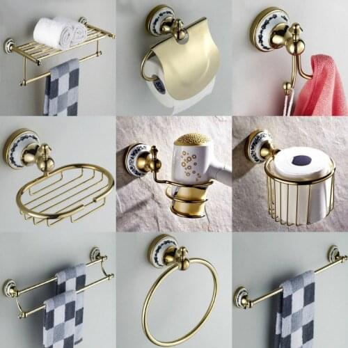 Wall Mounted Luxury Polished Gold Color Brass Ceramic Flower Base Bathroom Accessories Set Bath Hardware Towel Bar A024