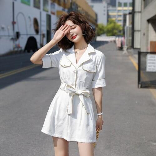 New Short Sleeve Jumpsuit Playsuit for Women 2021 Summer Buttons Belt Safari Style Elegance Woman Ladies Casual Short Romper