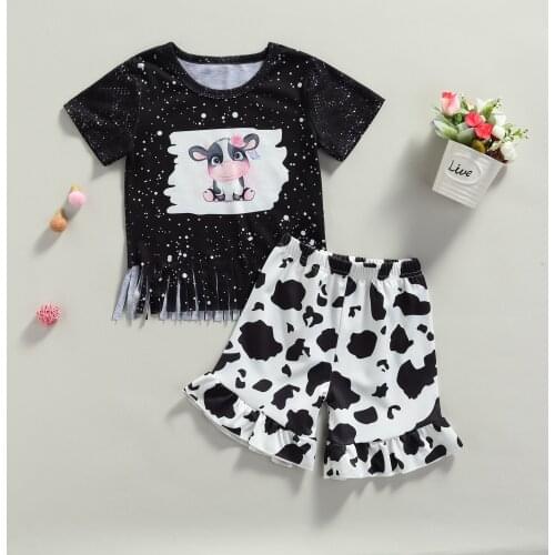 1-6Y Fashion Toddler Baby Girls Summer Clothes Sets Cute Tassel cow Printed Short Sleeve T-Shirts Tops Shorts 2pcs