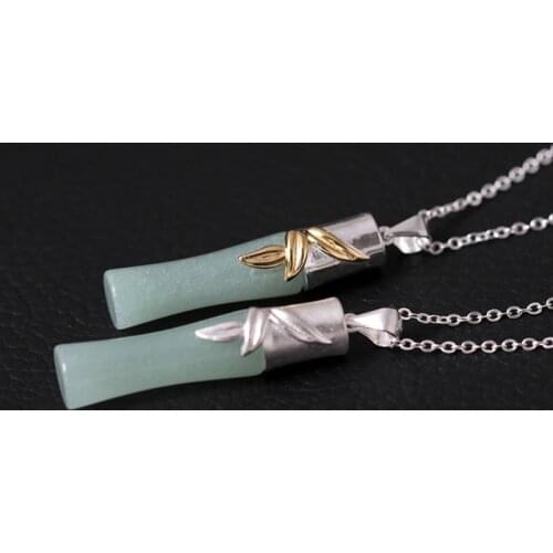 Natural green jade Bamboo Necklaces & Pendants Authentic 925 Sterling silver Jewelry For Women original handmade fine jewelry