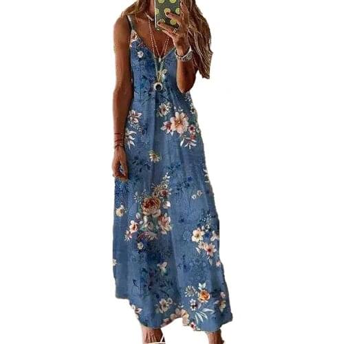 Casual Maxi Dress Women Plus Size Floral Print V Neck Female Sundress Sleeveless Spaghetti Strap Elegant Women Slim Dress