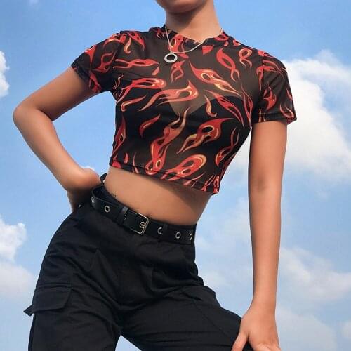 Sexy Summer Women Short Sleeve Crew Neck Sheer Mesh See Through Transparent Angel Flame Print Crop Top T-Shirt