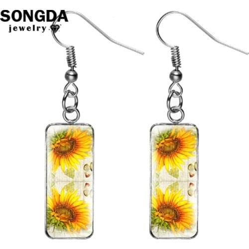 SONGDA New Arrived Different Type Sunflower Design Pattern Hanging Earrings Fashion Jewelry 2021 Women Jewlry Fish Hook Earrings