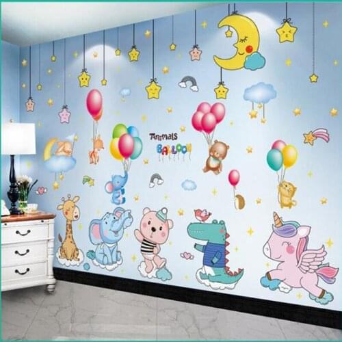 [shijuekongjian] Animals Wall Stickers DIY Cartoon Balloons Stars Wall Decals for Kids Rooms Baby Bedroom House Decoration