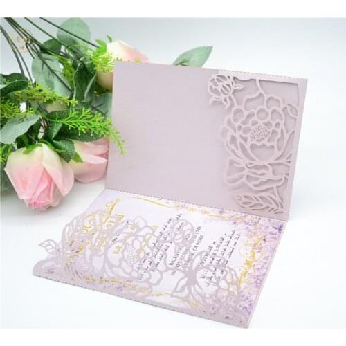 Tri fold rose laser cut wedding pocket invitation card