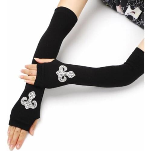 Female Black half finger Long Knitted Warm Driving Mittens Female Cute Fox Sailor Elasticity Dance Rhinestone Punk Gloves H37