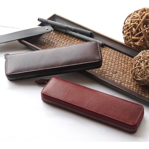 Vintage Genuine Leather Pencil Bag Large Capacity Zipper Pen Case Stationery Student School Office Supplies Fountain Pens Holder