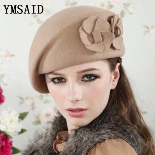 Ymsaid High Quality Elegant Women 100% Wool Beret Hat with Charming Wool Double Flowers Female Autumn Winter Outdoor Party Hat