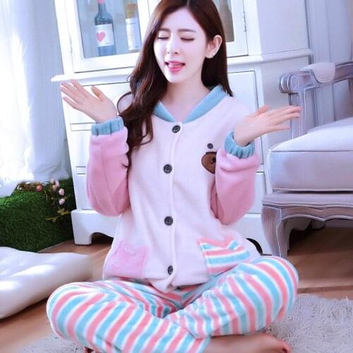 Women Think Winter Flannel Pajamas Female Coral Fleece Pajama Sets Sleepwear Velvet Long-sleeve Casual Nightgown D-2107