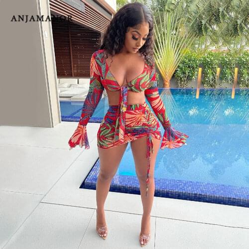 ANJAMANOR Tropical Floral Print Sheer Mesh Matching Skirt Set Sexy Beach Outfits Club Wear Two Piece Set Women 2021 D42-CG17