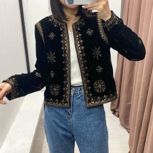 Womens Retro Palace Style Heavy Industry Embroidery Sequins Decorative Velvet Short Cardigan Jacket Autumn And Winter