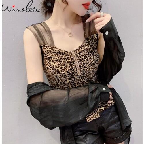 Summer European Clothes Transparent Vest Sexy V-Neck Leopard Shiny Diamonds Women Tops Sleeveless Bottoming Shirt 2021 T15207A