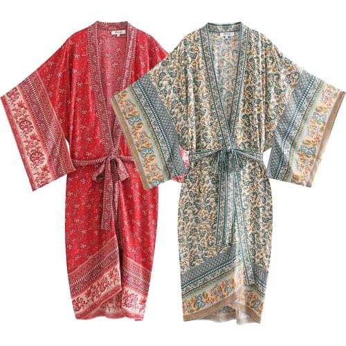 Summer Women Vintage Print V-Neck Chic Kimono Style Loose Midi Skirts 2021 Casual Bow Sashes Pocket Elegant Robe Holiday Dress