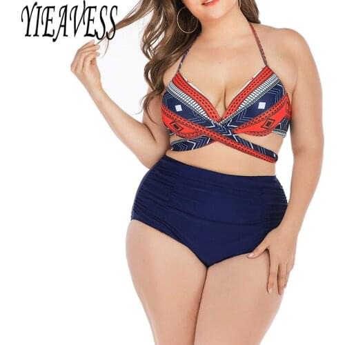 2020 Women Backless Stripe Twist Front Crossed Tankini Halter Swimsuit Retro Bathing Suit Plus Size Bathing Suit Female