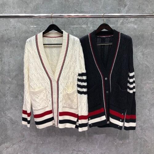 2021 Fashion Brand Sweater Wonen V-Neck Cardigans Clothing Striped Wool Long Thick Autumn Winter Casual Coat