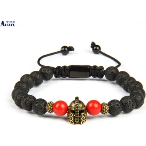 Ailatu New Vintage Sparta Helmet Macrame Bracelet with 8mm Natural Lava Rock Stone Beads Not Fade