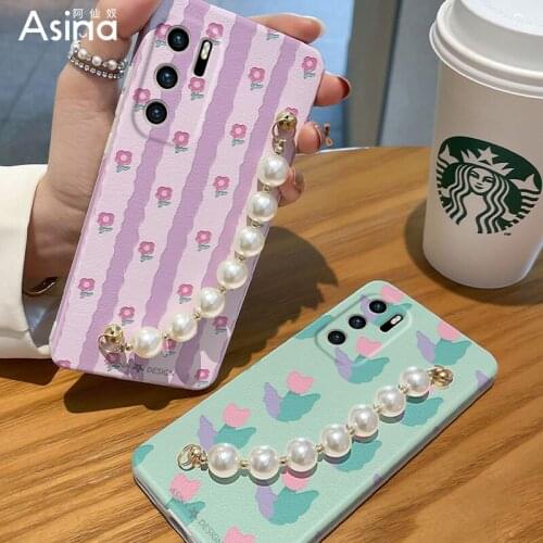 ASINA Imitation Lambskin Case For Huawei P40 P30 Pro Silicone Edge Fashion Cover with Pearl Chain For Huawei For Nova 5 7 8 Pro