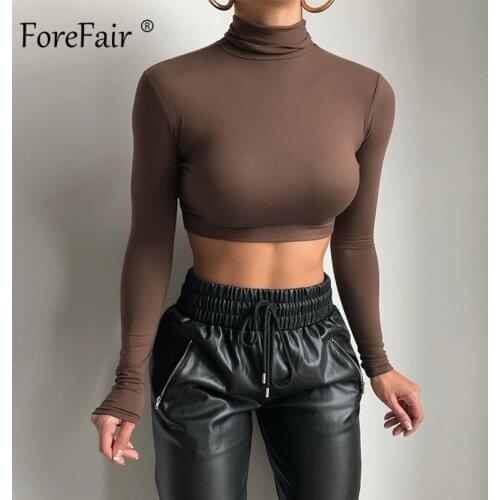 Forefair Turtleneck T Shirt Long Sleeve Cropped Autumn Women Tees Ladies Fashion Basic Women Sexy Crop Tops