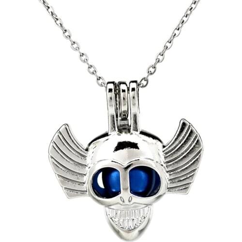K832 Silver Alloy Halloween Skull Wing Pearl Cage Pendant Chain Aroma Essential Oil Diffuser Locket Necklace