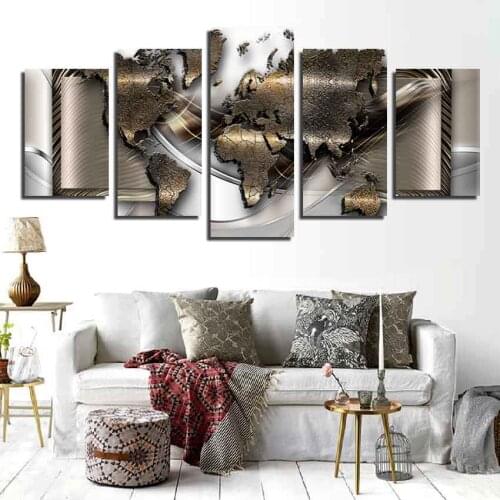 Hd Canvas Painting Art Wall Poster Painting Modern Abstract World Map Metal Block Mural Room Decor Five-Piece Set Without Frame