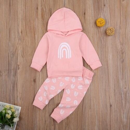 Pudcoco Newborn Baby Clothes 2Pcs Outfits Autumn Long Sleeve Rainbow Print Hooded Pullover Tops Long Pants Cotton Baby Clothes