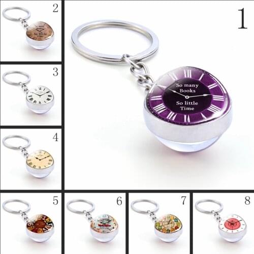 Fashion clock keychain so many books so litter time Glass Transparent Double-sided Sphere Ball Birthday Jewelry Gift key ring