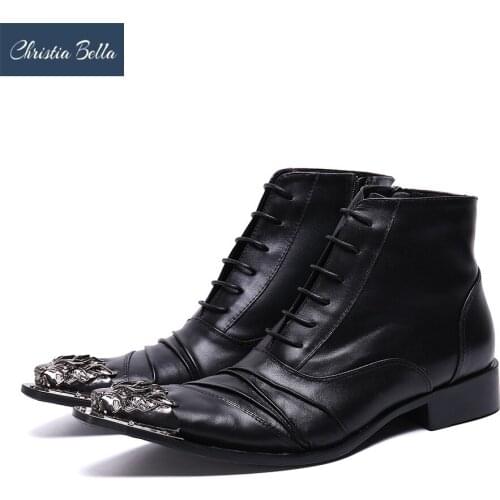 Christia Bella Fashion Men Real Leather Ankle Boots Metal Pointed Toe Formal Boots Men Lace Up Short Boots Business Oxford Shoes