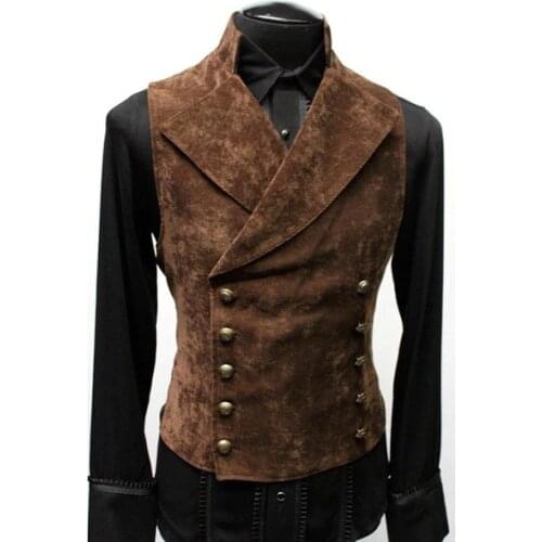 Mens Suede Vest Stand Lapel Brown Solid Color Double Breasted Slim Fit For Formal Casual Outdoor Male Vest Clothing 2021