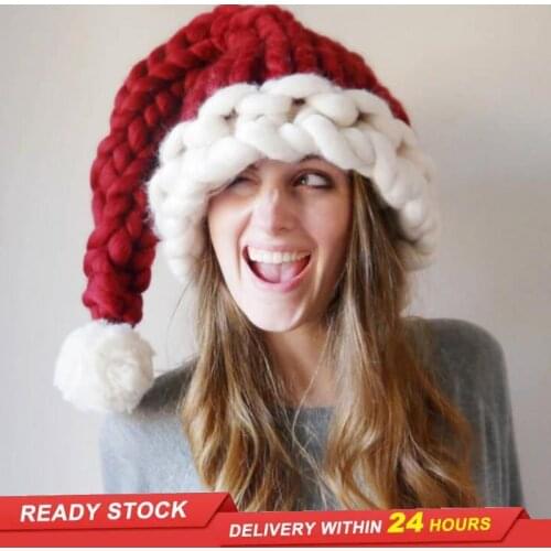 New winter holiday handmade fine Icelandic yarn knitted Christmas hat for children and adult soft wool knitted hat with ball